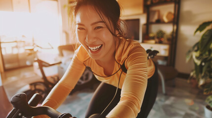 Happy candid asian woman cycling on indoor bike at home. Work life balance while working remotely. Keeping fit at home to save money. Wellness and flexible working culture. 