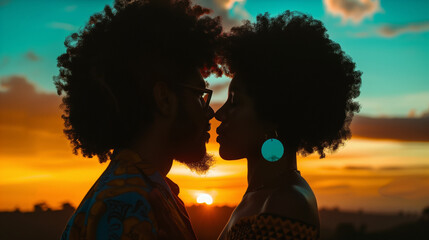 Afro couple kissing at sunset. Afro-Colombian reggae theme, sunset beach, orange and blue. 