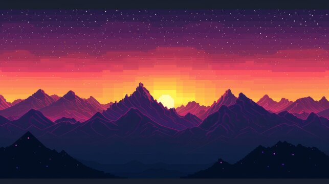 Nature's canvas painted with hues of sunset and stars, a majestic mountain range standing tall in the sky, as the sun bids adieu to the day