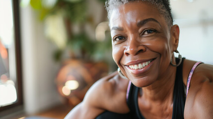Professional Portrait of an active black African American mature woman smiling and doing fitness pilates at her home gym - obrazy, fototapety, plakaty