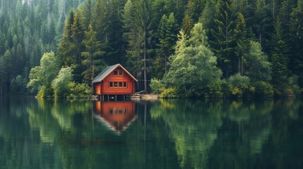 Obraz premium Nestled amongst towering trees and surrounded by the tranquil waters of a glistening reservoir, a picturesque boathouse sits at the edge of a lush forest, offering a peaceful escape into nature's emb