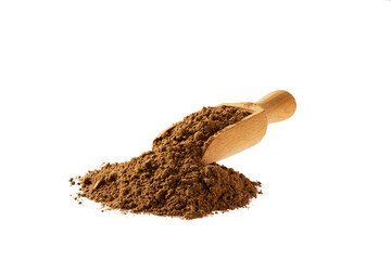cinnamon powder poured out from a wooden spoon isolated on a white background.