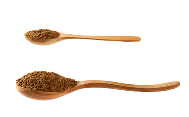 cinnamon powder in a wooden spoon isolated on a white background.