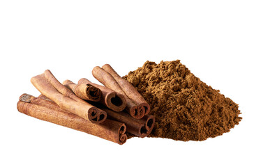 cinnamon sticks and cinnamon powder isolated on a white background.