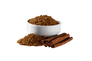 cinnamon sticks and  ceramic bowl with cinnamon powder isolated on a white background.