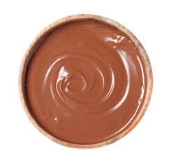 Tasty melted milk chocolate in bowl isolated on white, top view