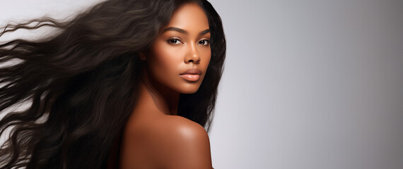 Young black woman with long flowing hair. Close-up, fashion photography. Banner with copy space. Concept of beauty, skincare, hair care, wellness, health, medicine, digital art, modern fashion