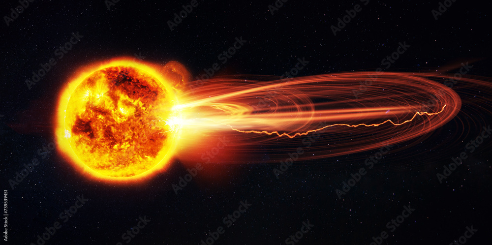 Poster magnetic flare on the sun. a strong explosion with plasma ejection on the sun in stellar space. radi