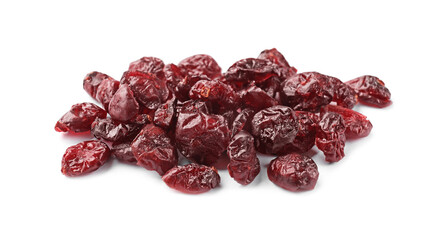 Many tasty dried cranberries isolated on white