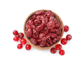 Tasty dried cranberries and bowl isolated on white, top view