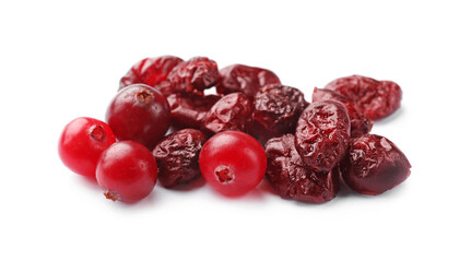 Pile of tasty dried and fresh cranberries isolated on white