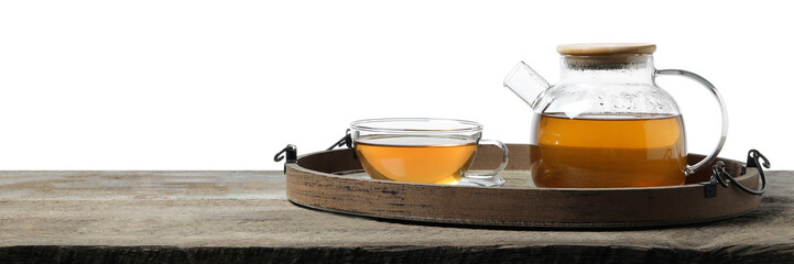 Tray with refreshing green tea in cup and teapot on wooden table against white background