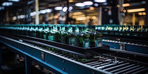 The view from a height showing tightly packed bottles on the conveyor creates a feeling of ordered