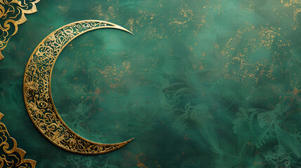 Ramadan banner with copy space, golden crescent on green background with space for text