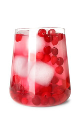 Tasty cranberry cocktail with ice cubes in glass isolated on white
