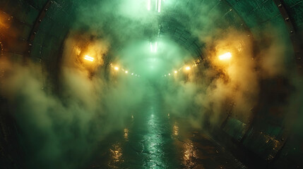 Thick steam inside the tunnel, like a mystical fog that prevents the understanding of the world - obrazy, fototapety, plakaty
