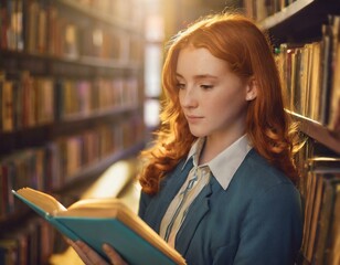girl looking for a book in the old english library, book worm concept