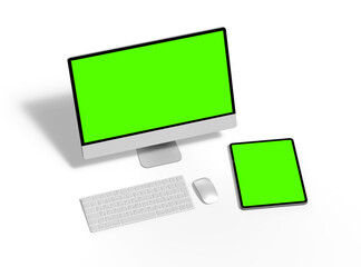 3d render of a desktop computer and tablet with a green screen on a light background.