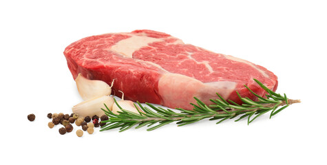 Raw beef steak and spices isolated on white