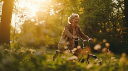 An elderly woman rides a bicycle in nature in springtime