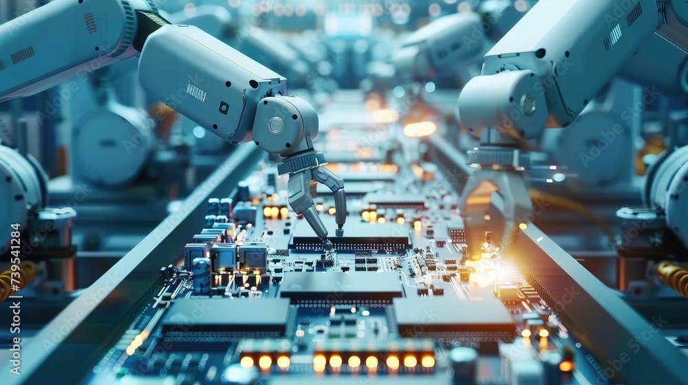 Poster advanced high precision robot arms on fully automated pcb assembly line inside modern electronics fa