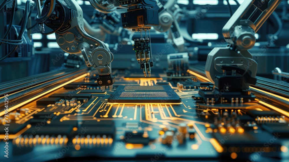 Poster advanced high precision robot arms on fully automated pcb assembly line inside modern electronics fa