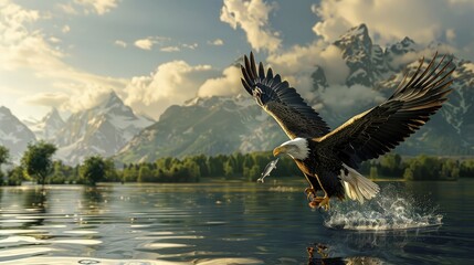 An eagle in flight catching fish from a lake - obrazy, fototapety, plakaty