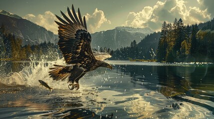 An eagle in flight catching fish from a lake