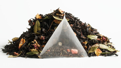 Tea bag pyramid with flavored black tea, with added fruits and berries, lying on a background of...
