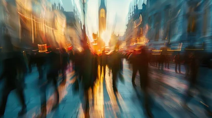 Rolgordijnen Beautiful motion blur of people walking in the morning rush hour, busy modern life concept. © buraratn