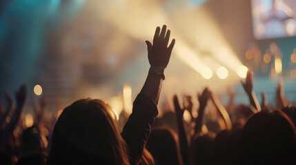 Christian worship with praise to God Ready to raise your hand at the Christian music concert, Holy...