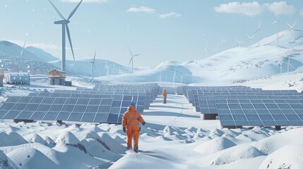 construction worker walks through a solar field with the solar panels covered in snow. produce any power like this. Wind turbines for power production are seen at the horizon.