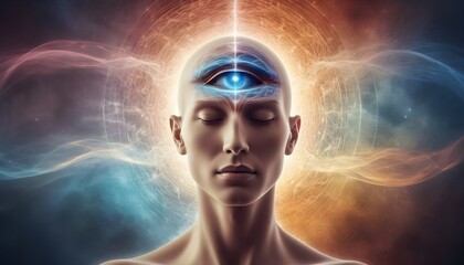 Consciousness Expansion, exploring altered states of consciousness for spiritual growth and self-exploration. Human face with spirituality Energy waves