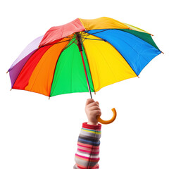 Multicolored, rainbow umbrella in the hand of a child isolated on a white or transparent background. The umbrella in an outstretched hand in close-up, protection from rain, graphic element, clipart