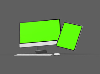 3d renderof a desktop computer and tablet with a green screen on a dark background.