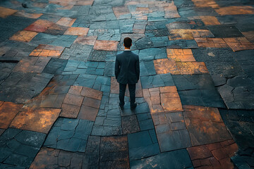Back view of a businessman standing on a cobblestone walkway