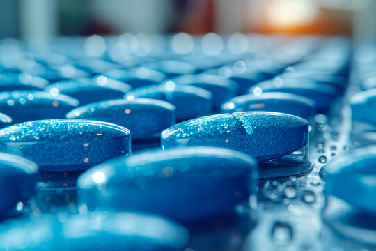 Blue pills on blue background. Focus on foreground, shallow DOF.