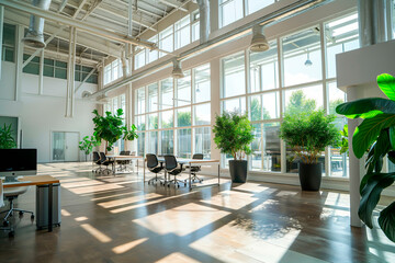 Modern high ceiling open space office with large bright windows and green plants