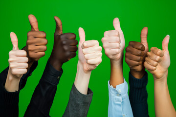 Group of diverse people showing thumbs up on a green screen background. - Powered by Adobe
