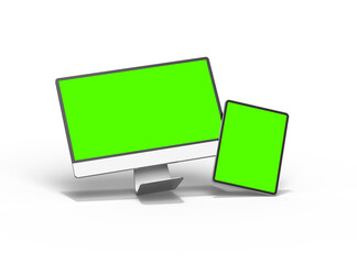 3d render of a desktop computer and tablet with a green screen on a transparent background.