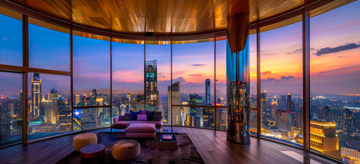 Luxury high-rise apartment featuring modern furnishings and sweeping floor-to-ceiling windows that reveal a dramatic city skyline at sunset. A great vacation spot. - obrazy, fototapety, plakaty