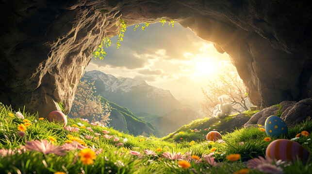 Easter eggs placed on the ground of empty religious tomb of jesus christ in the grass while sun rays are coming from the entrance of the tomb. easter lillies
