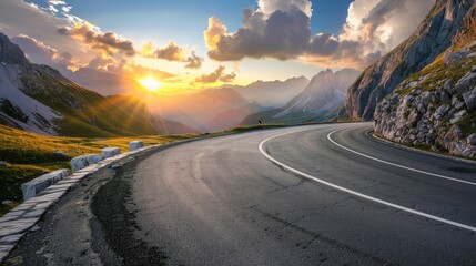 Mountain road at colorful sunset in summer. Dolomites, Italy. Beautiful curved roadway, rocks,...