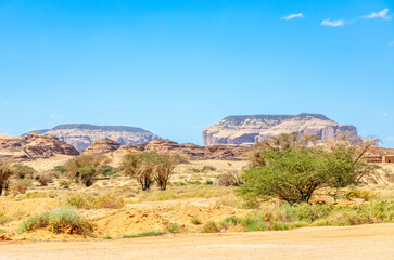Fototapeta na wymiar Desert view with mountains formations landscape at Hegra, Al Ula, Saudi Arabia