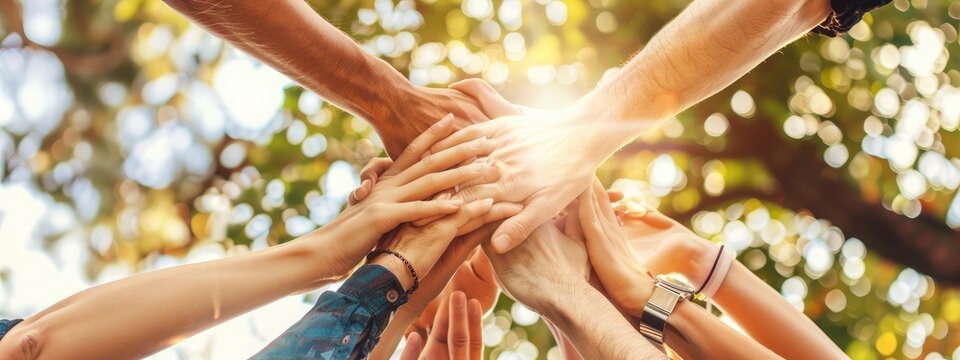 Panorama diversity multiethnic group of people success team together. Banner group of teamwork high five team together hands raise up power partner. Volunteer mission business partner with copy space