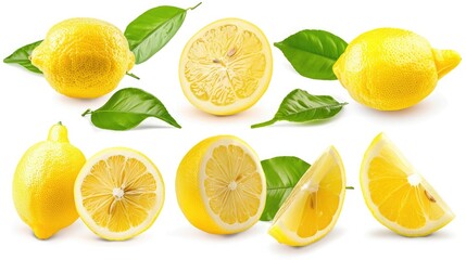 ripe lemon fruit with leaves, half and slice isolated, Fresh and Juicy Lemon, collection, cut out