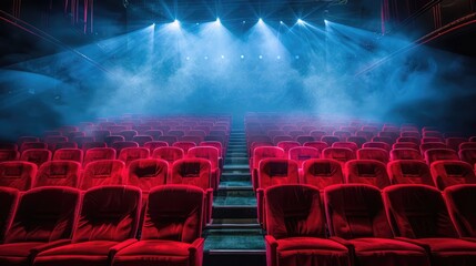 Fototapeta na wymiar stage light hitting red cloth seats in theater , movie theater