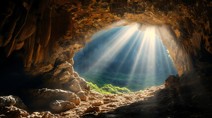 CInematic view of Empty easter christian tomb, easter empty tomb with sunrays coming in as a symbol of "he is risen". 
