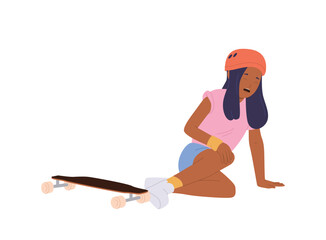 Girl child cartoon character crying after falling down during skateboarding activity outdoors