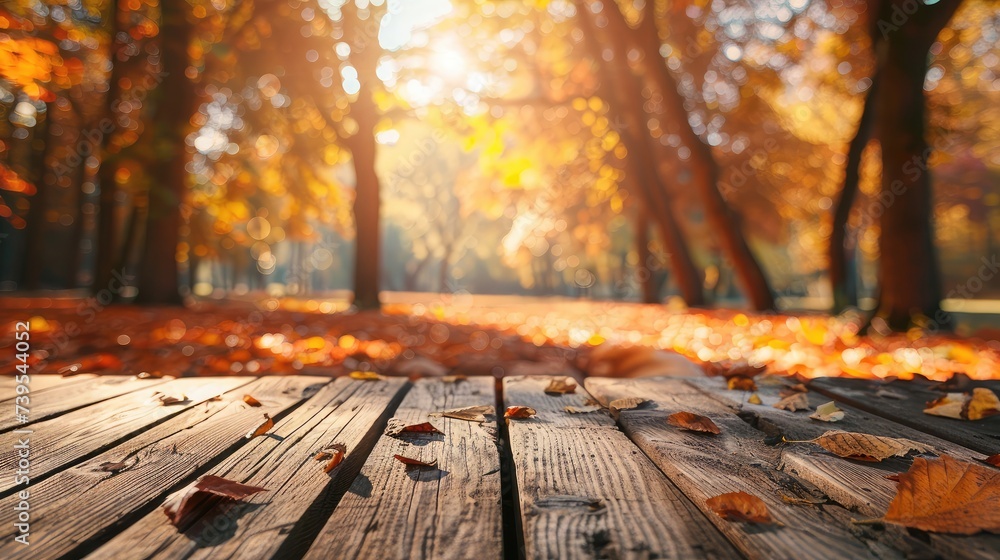 Poster the empty wooden table top with blur background of autumn. exuberant image.